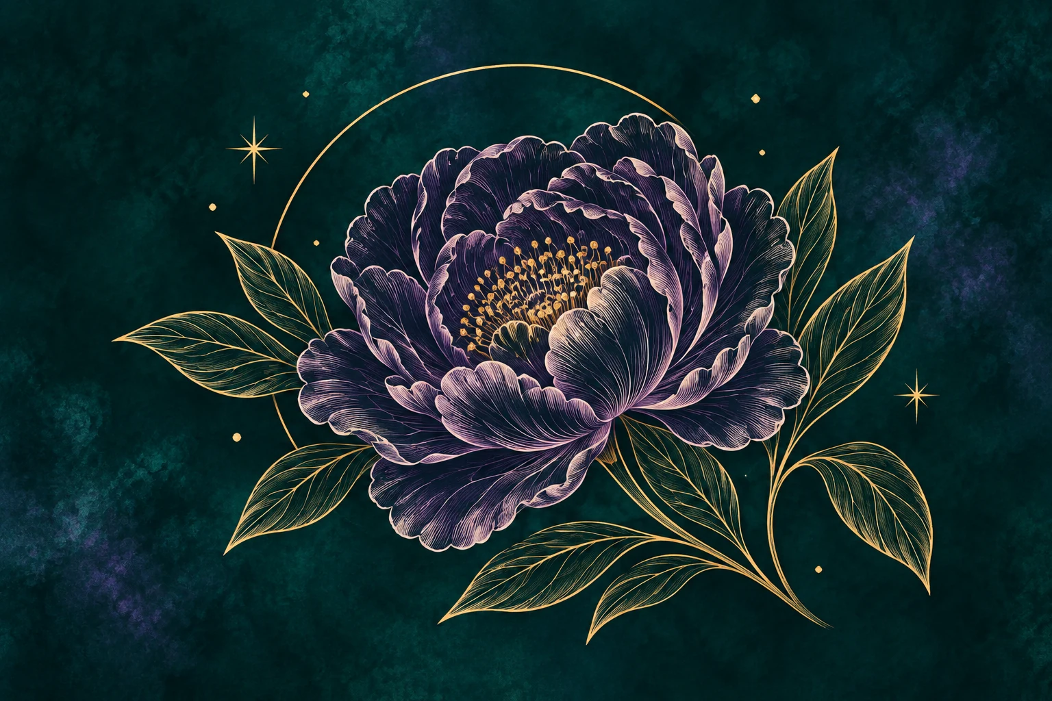 Lavender peony linework with gold leaves against deep green