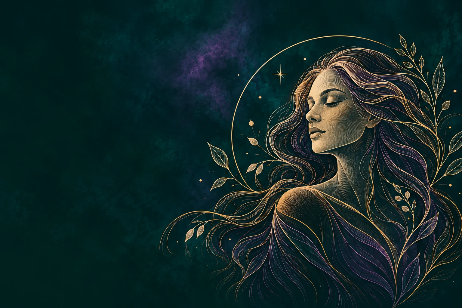 Decorative portrait of a woman in gold and lavender botanical linework
